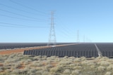 a computer-generated image of a solar farm and high-powered electricity lines.