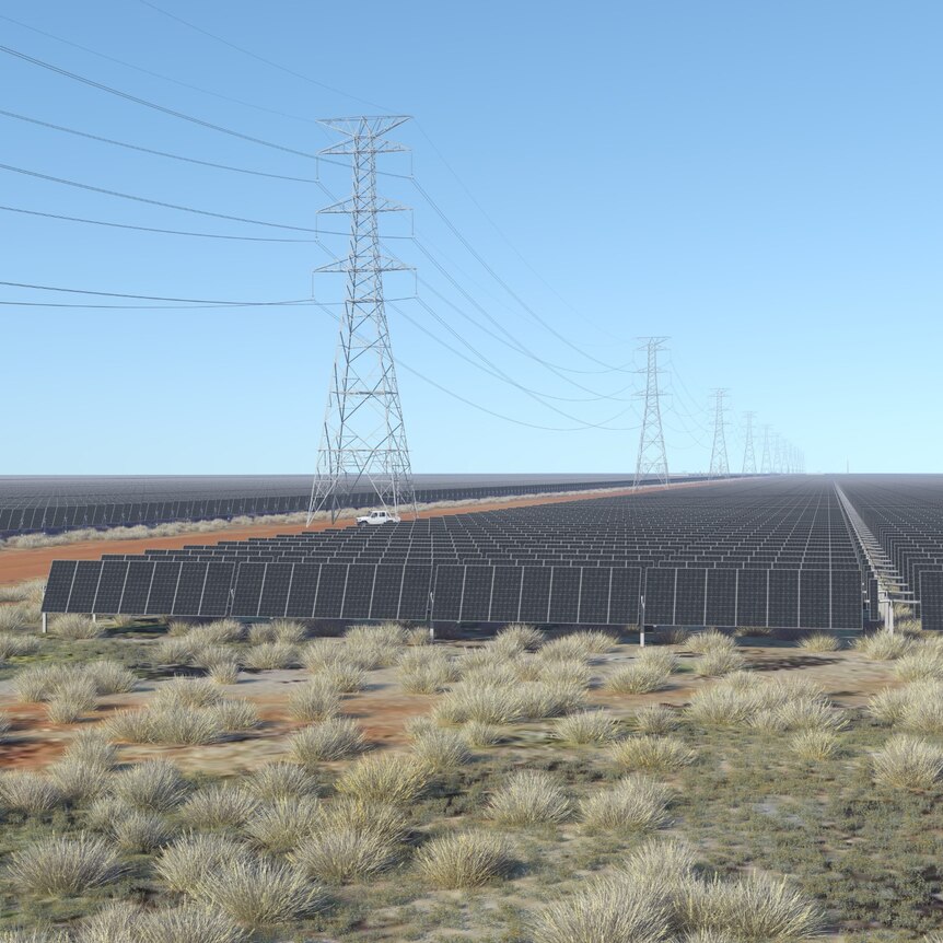 A computer generated image of SunCable's solar farm and transmission lines.