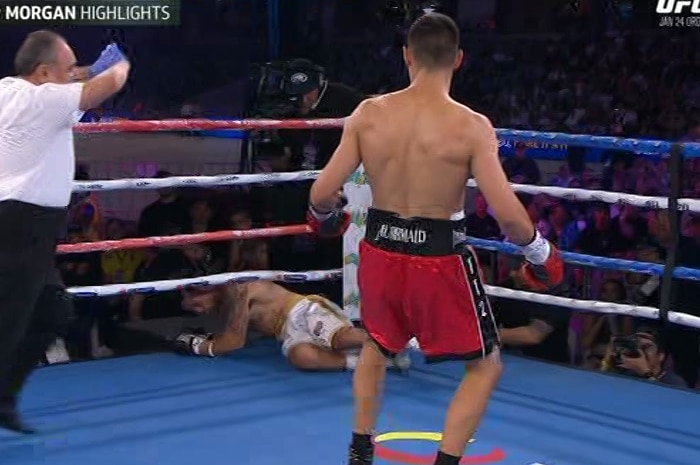 A boxer falls to the canvas after receiving a knockout punch