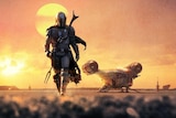An armoured sci-fi character walks on dirt with a sun in the background.