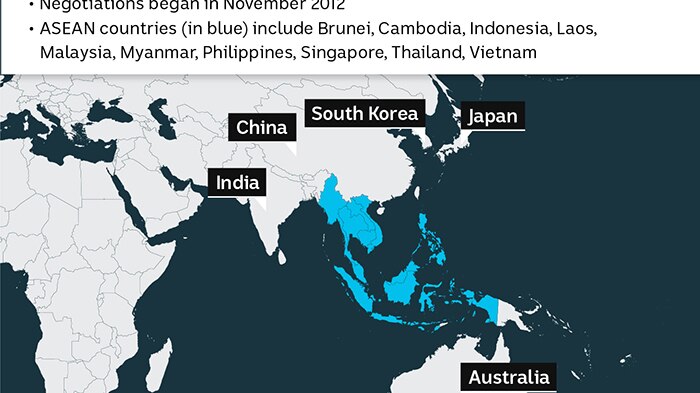 The image shows a map of the 16 Asia Pacific countries involved, and includes information of what the deal covers
