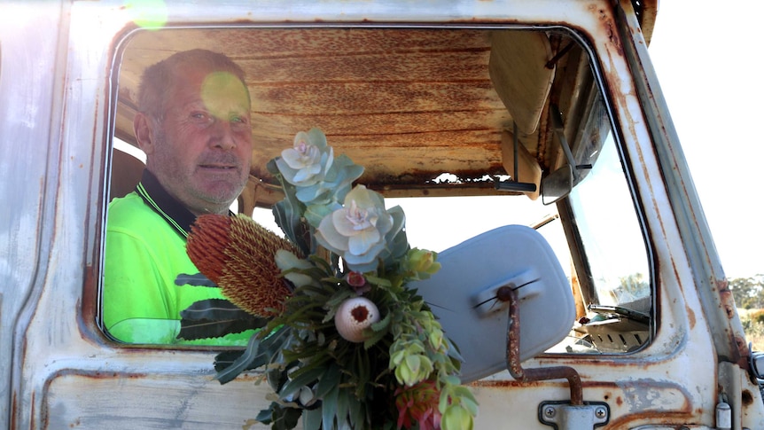 Rusty old ute with flower farmer sitting inside