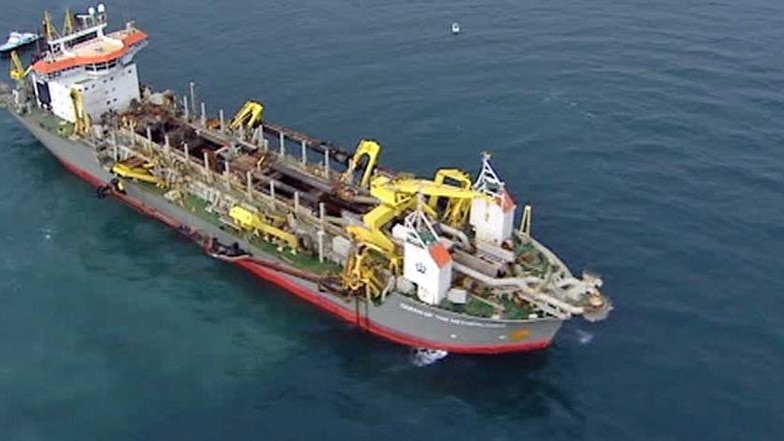 A dredge conducting a test in Port Phillip Bay.