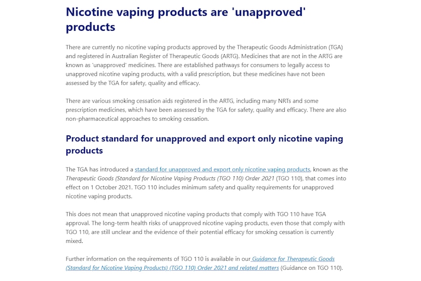 Screenshot of text on a website about nicotine vaping products being unapproved by the TGA.
