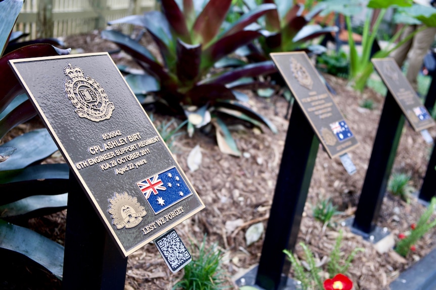 The memorials feature QR codes so visitors to the new 42for42 garden to Afghanistan veterans can learn more about them.