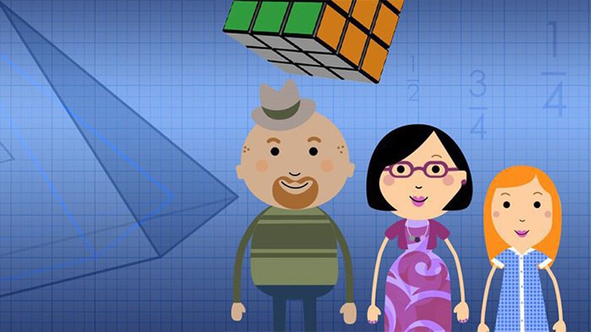 A digital image of a family standing in front of a grid. Around them, there are fractions, a pyramid and a cube.
