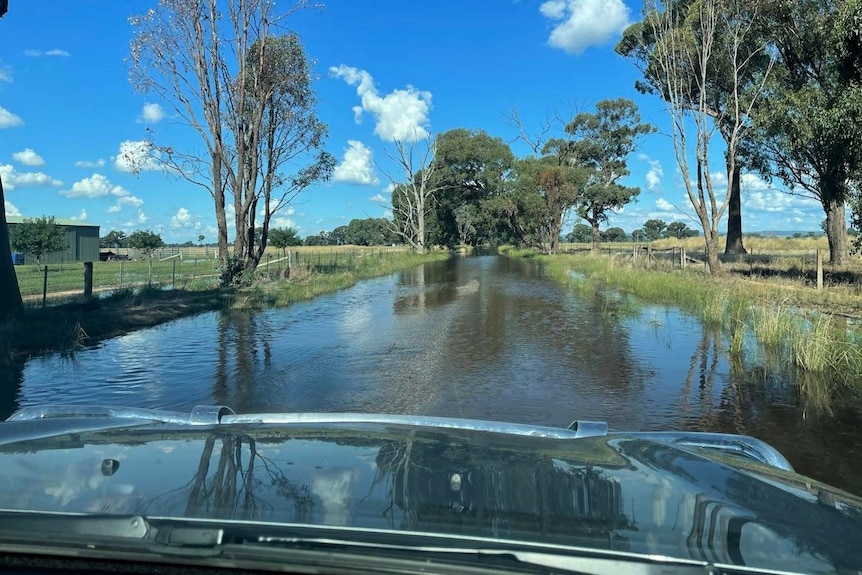 A flood impacted road viewed from inside a car