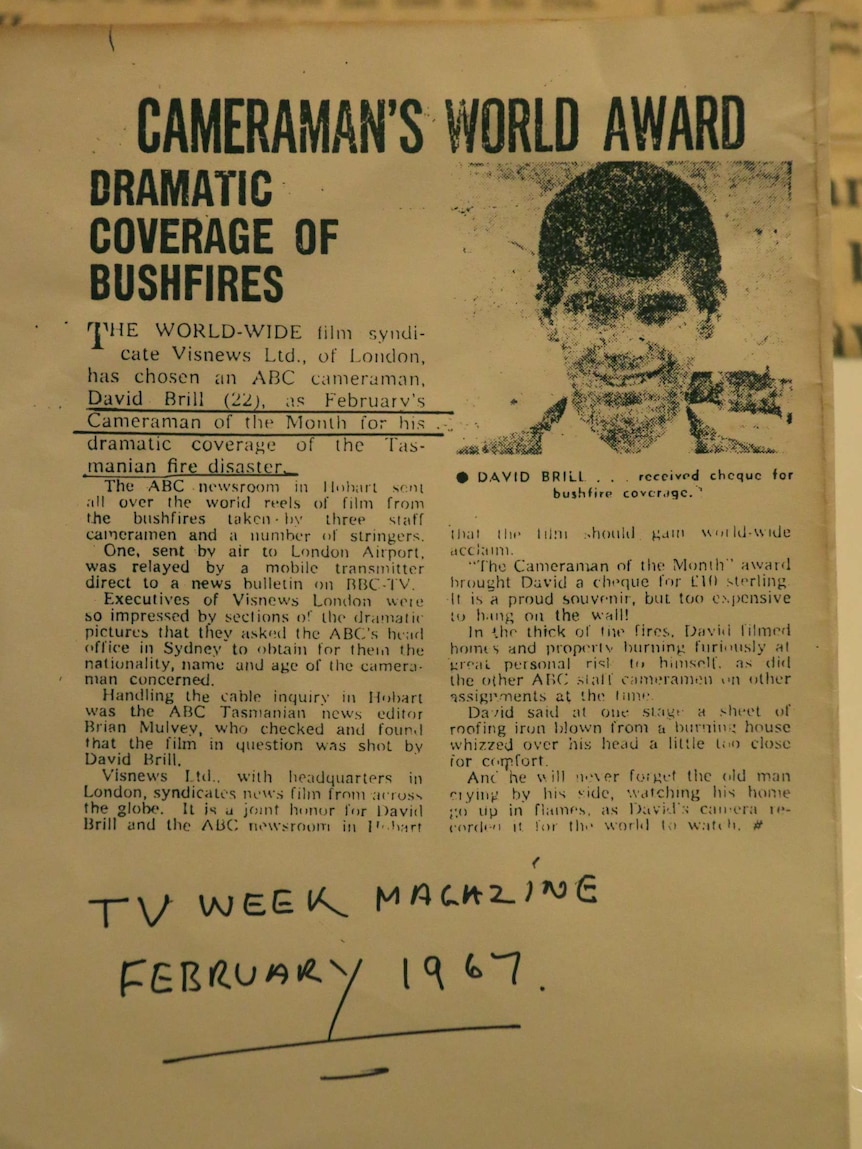 News clipping of TV Week story about David Brill, on show at TMAG's bushfire exhibition.