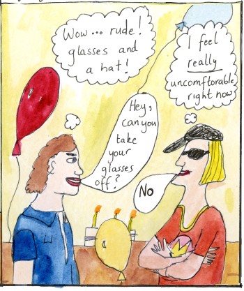 A cartoon panel showing a birthday party situation with one person wearing sunglasses inside.