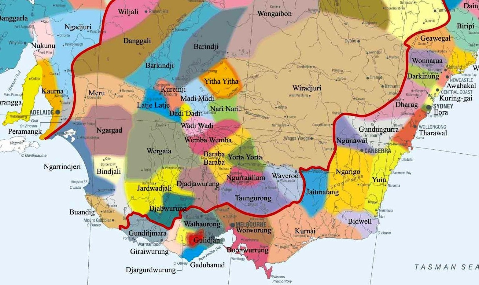 Um mapa em corte das nações aborígenes, centrado em uma grande área chamada Wiradjuri, a oeste de Sydney.