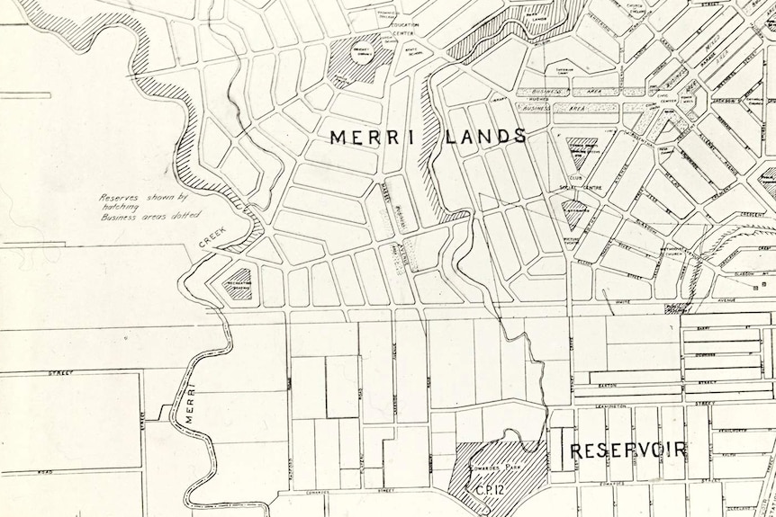 You view an old sketch of a new suburban layout from a bird's eye view.