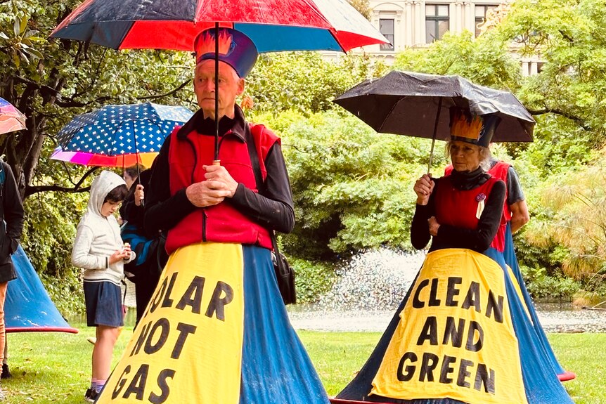Two costumed marchers wait in a park in the rain. Their skirts are printed with messages 'Solar Not Gas' and 'Clean and Green'. 