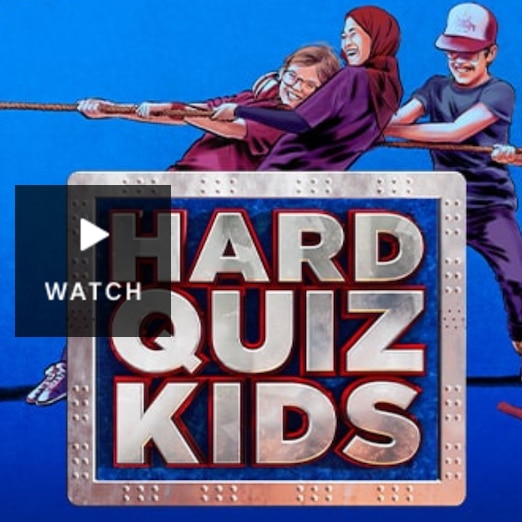 Children playing tug-a-war, pulling a rope with the title "Hard Quiz Kids" down the bottom. Has Video.