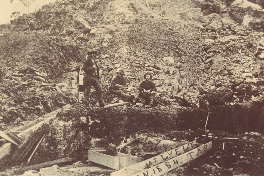 Mt Lyell prospectors pictured on the Iron Blow in 1884.