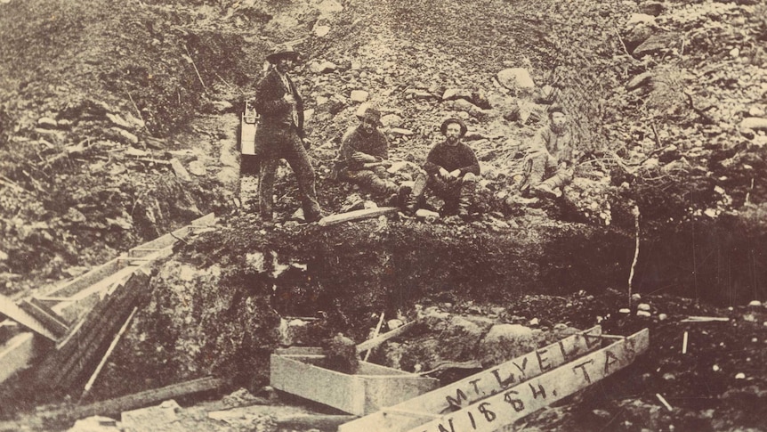 Mt Lyell prospectors pictured on the Iron Blow in 1884.