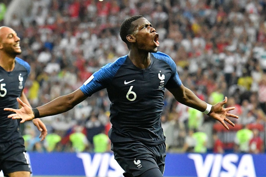 Paul Pogba scores against Croatia in the World Cup final