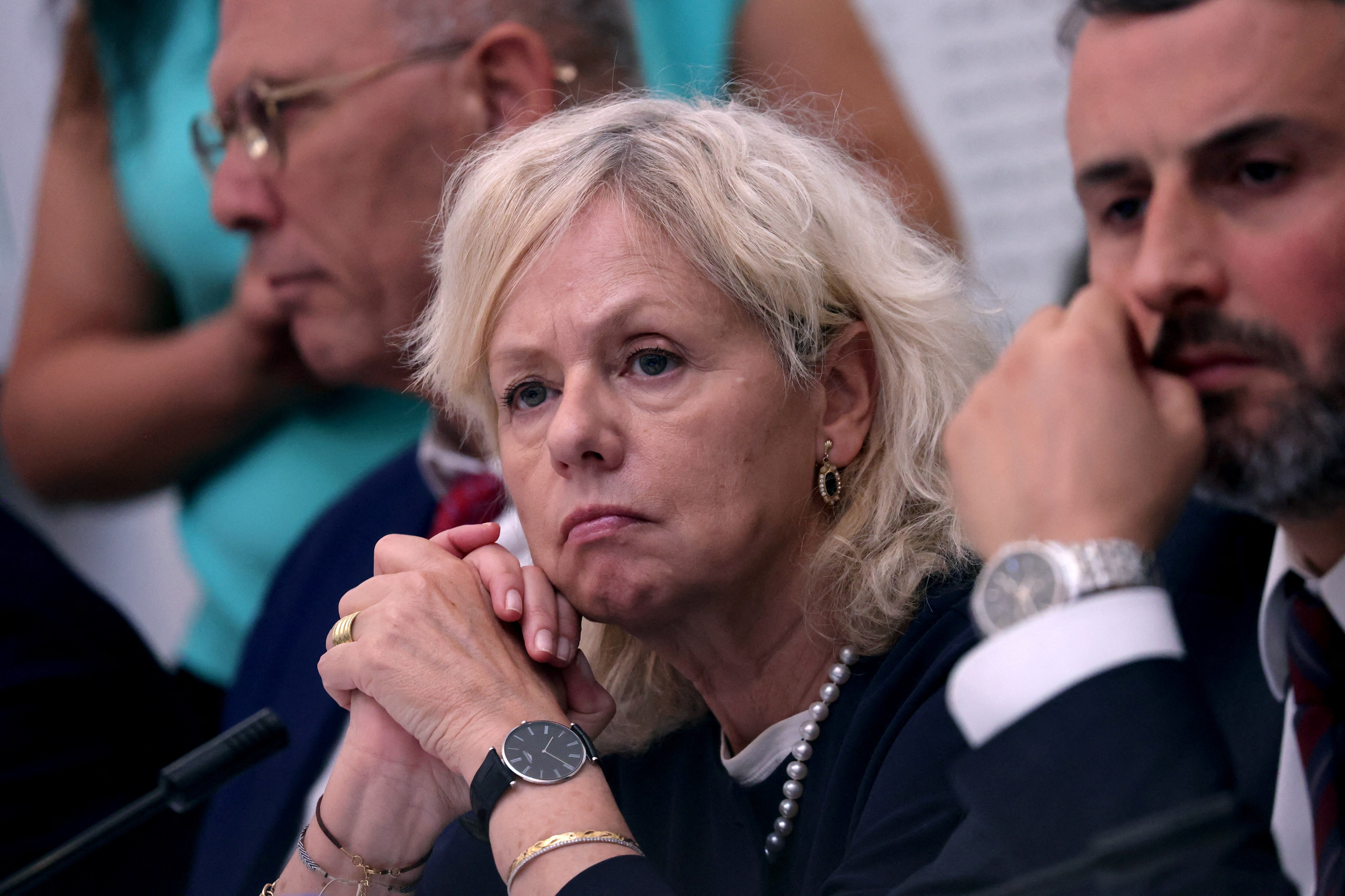 Israel's Attorney General Gali Baharav-Miara listens as she attends a cabinet meeting.