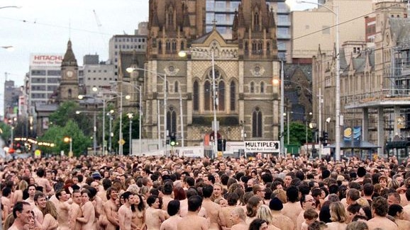 Some of the more than 2,000 volunteers wait for New York photographer/artist Spencer Tunick