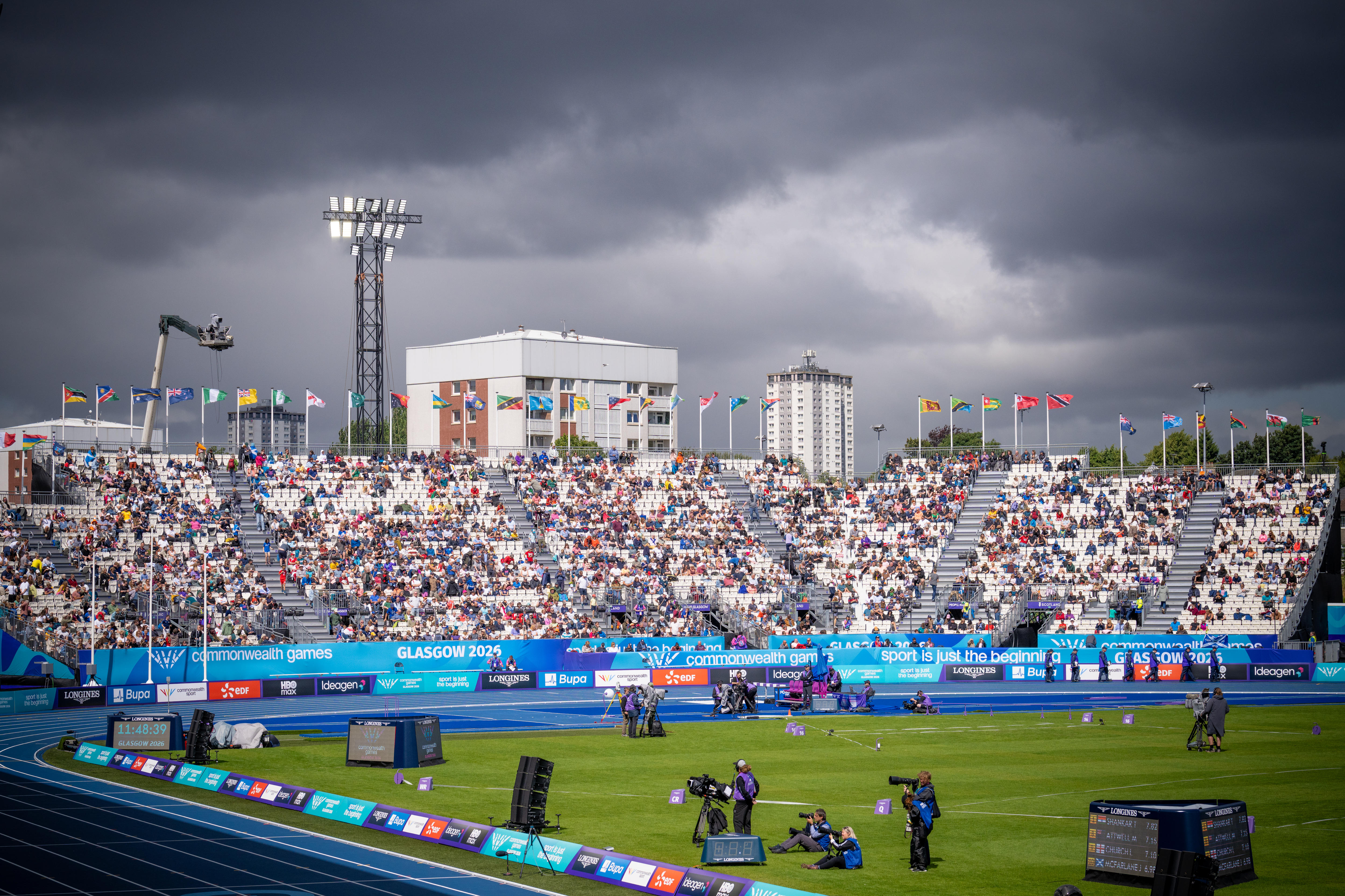 Cloudy skies over Scotstoun Stadium during the 2026 Glasgow Commonwealth Games.