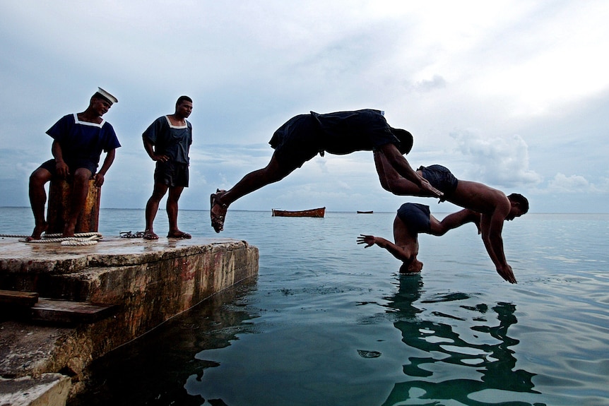 Tuvalu Maritime Training Institute cadets dive in king tide