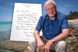 A composite image of Sir David Attenborough beside his handwritten note.