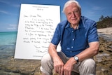A composite image of Sir David Attenborough beside his handwritten note.