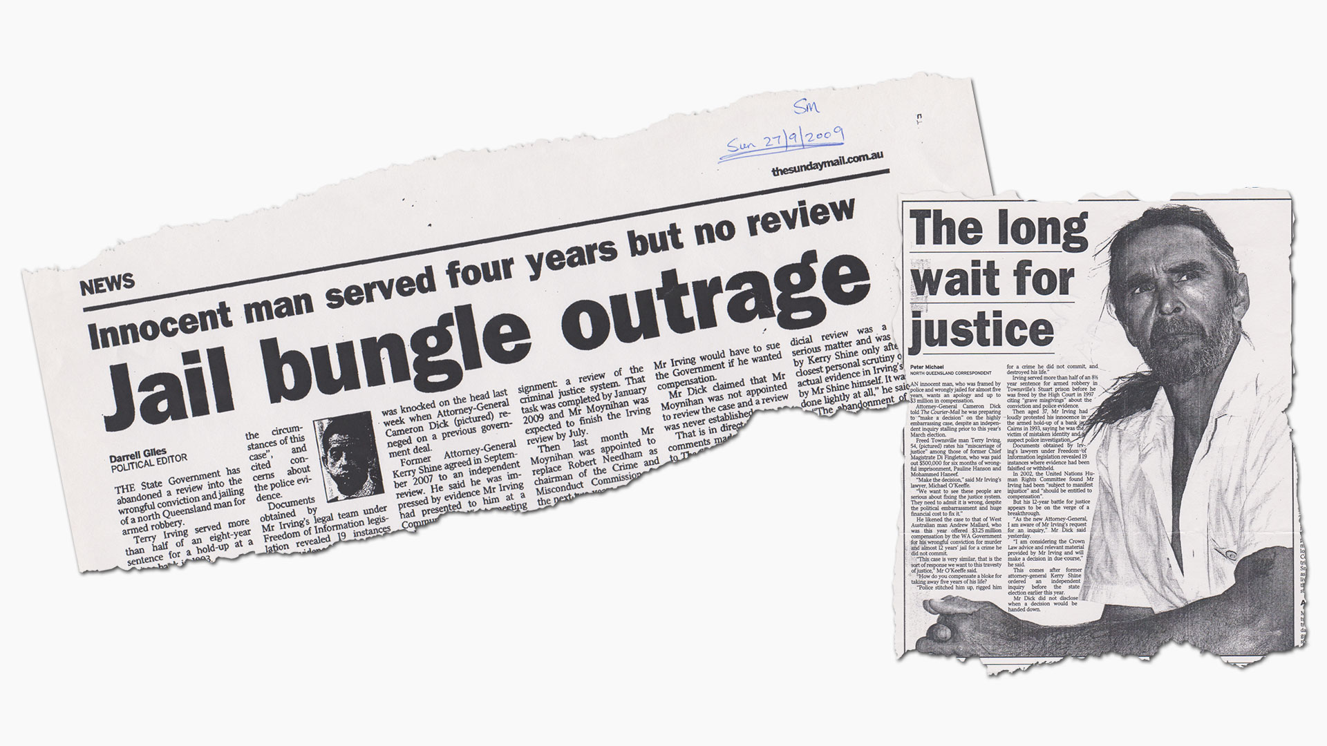 Newspaper clippings of Terry's wrongful conviction from the late 90s.