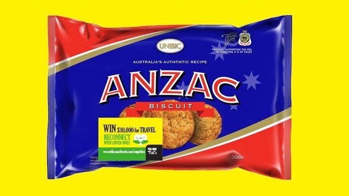 An advertisement image of ANZAC biscuits, manufactured by multinational company Unibic