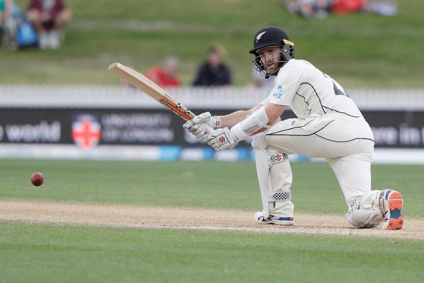 Kane Williamson looks on as he sweeps behind square leg