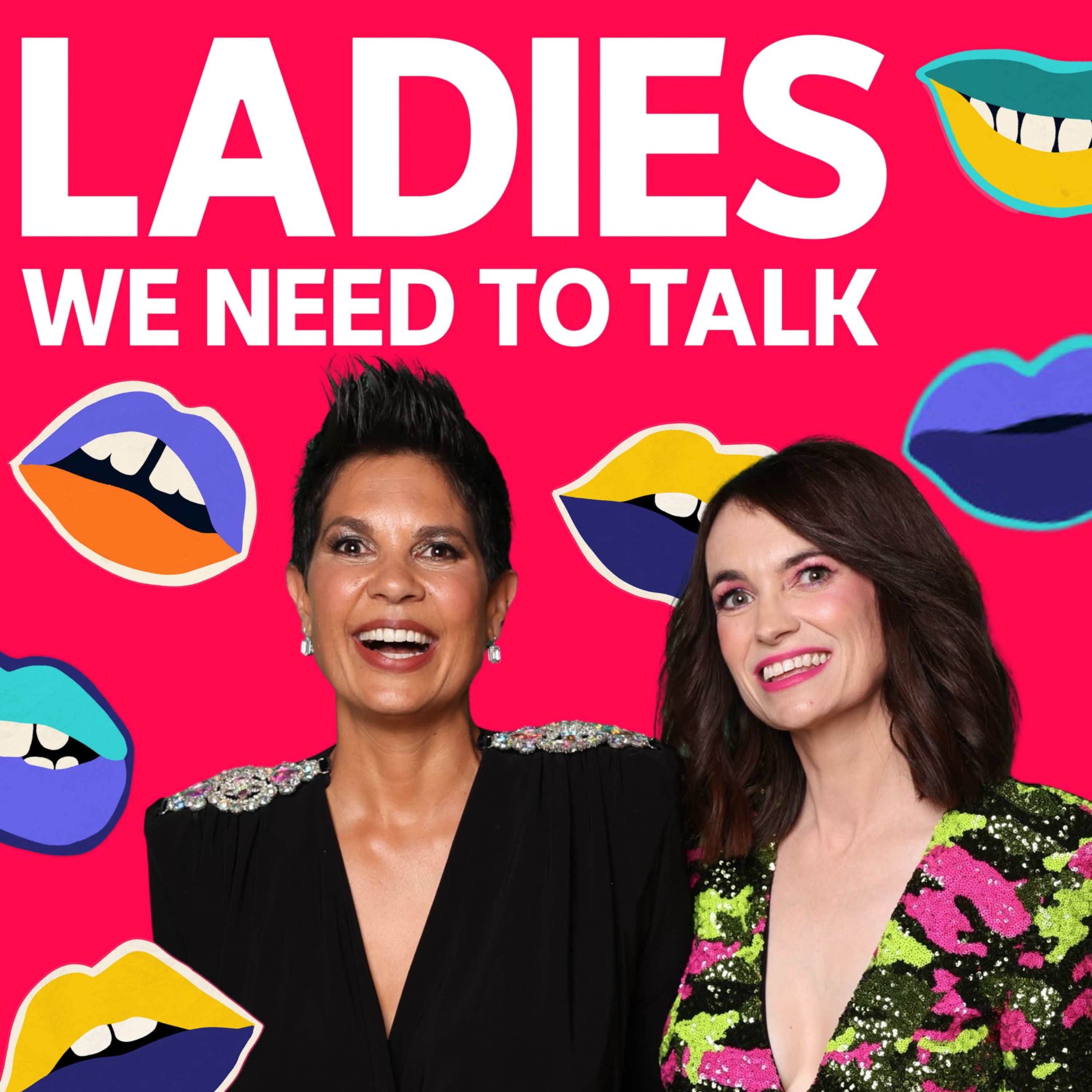 Two women look ahead and smile. The background is bright with illustrations of lips