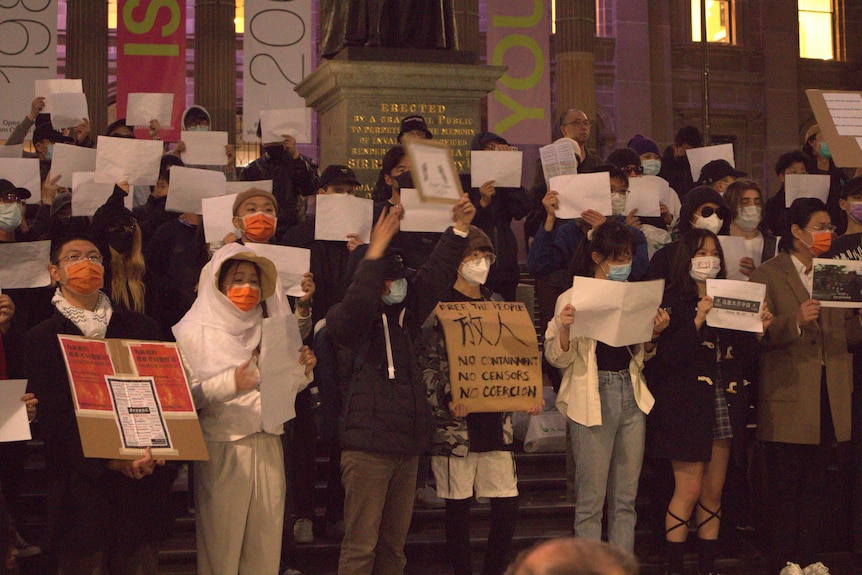 A group of protesters stand on the steps of a library. 