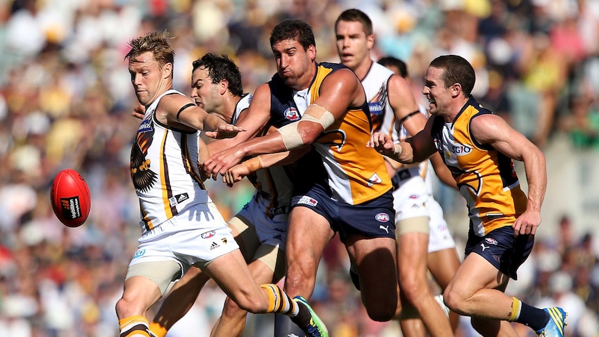 Hawthorn's Sam Mitchell in action against West Coast at Subiaco Oval in round two, 2013.