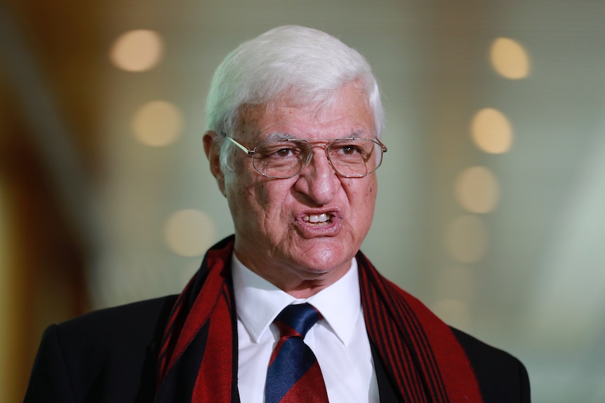 Bob Katter, wearing a scarf, looks serious as he stands inside a hall.