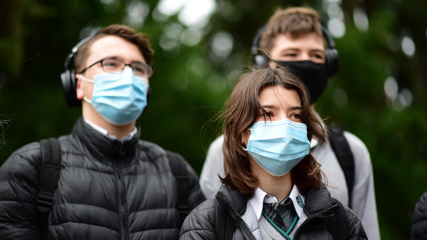 A group of students from Adelaide Botanic High School wearing face masks