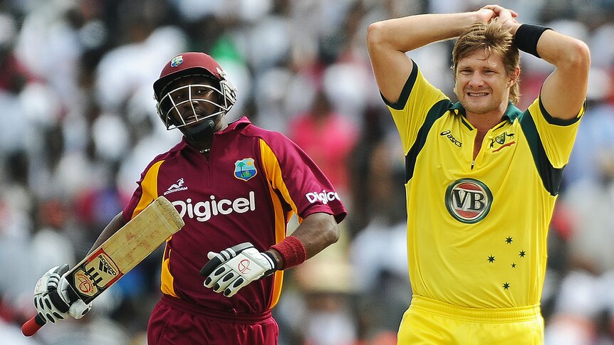 Shane Watson reacts as West Indies batsman Dwayne Bravo takes a run during the third ODI in Kingstown.