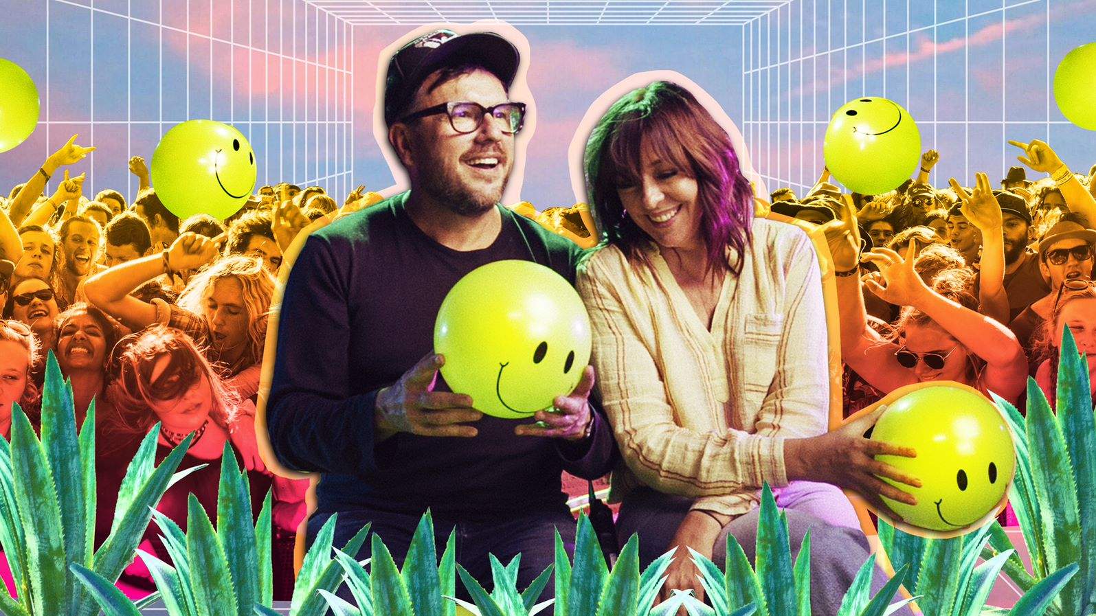 Artwork of Splendour co-founders Paul Piticco & Jess Ducrou in front of a Splendour In The Grass crowd