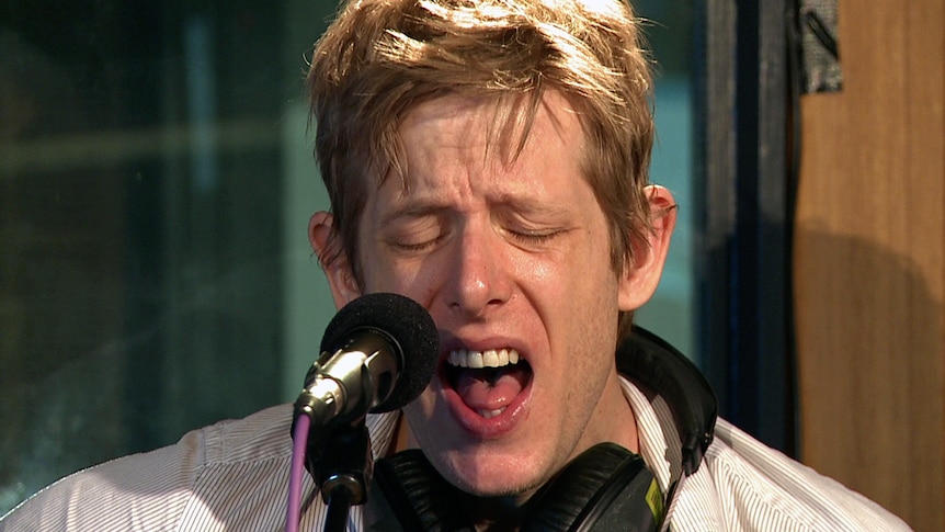 A photo of Divine Fits doing a live performance of 'Hungry Heart' in the triple j studios