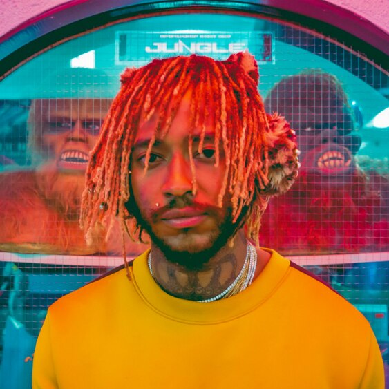 American jazz bassist and producer Thundercat against a technicolor background