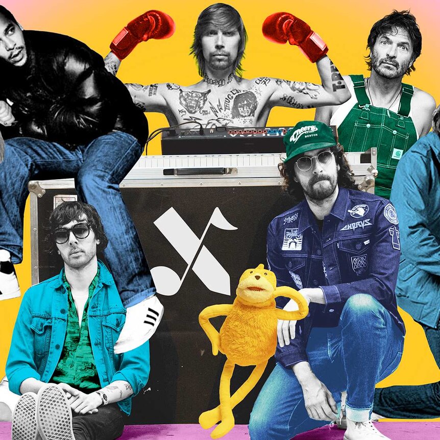A collage of artists from French label Ed Banger Records including Uffie, DJ Mehdi, Justice, Busy P, Mr Oizo, Cassius & Breakbot