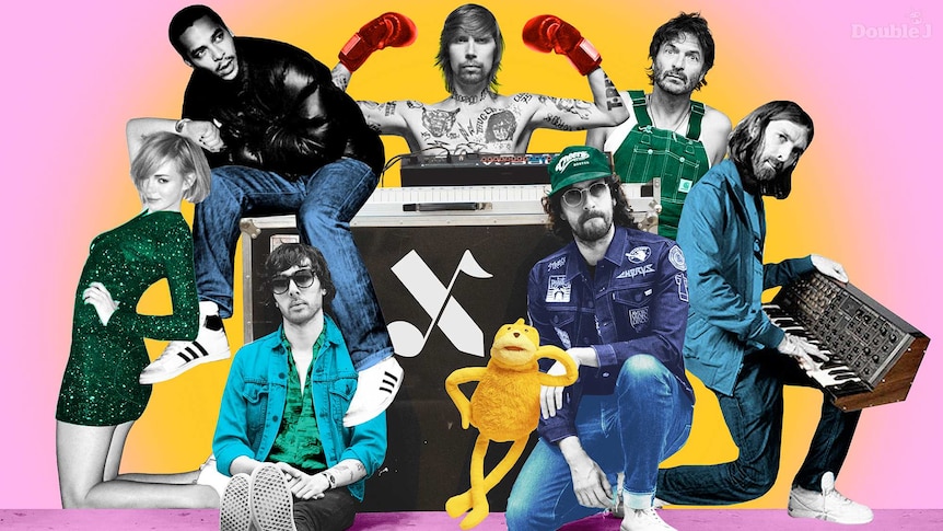 A collage of artists from French label Ed Banger Records including Uffie, DJ Mehdi, Justice, Busy P, Mr Oizo, Cassius & Breakbot