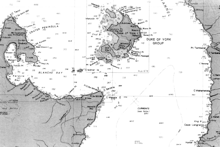 A maritime chart showing Rabaul harbour and the surrounding area, including the Duke of York group of islands.
