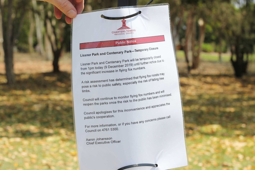 a public notice from regional council that park is closed due to flying foxes
