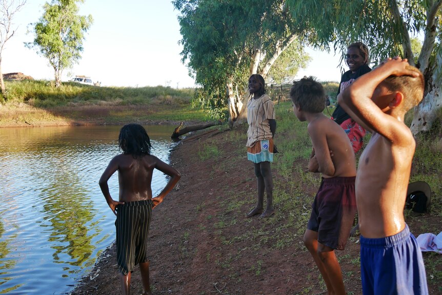 Five primary school aged children stand at the edge of a dam in the remote community of Balgo.