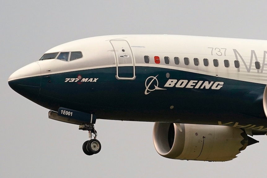 A close up of the front of a Boeing 737 MAX plane in the air, with its front wheels down
