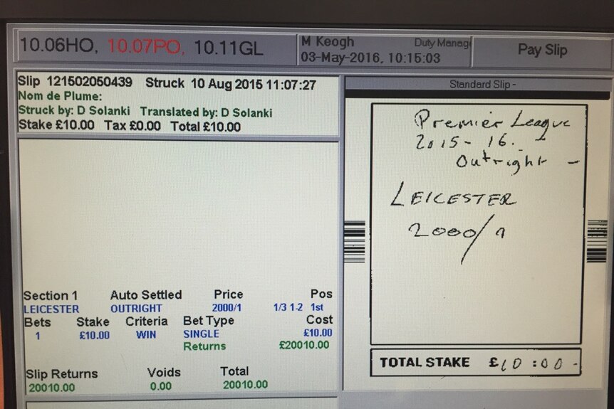 Picture of winning betting slip on Leicester to win the Premier League.