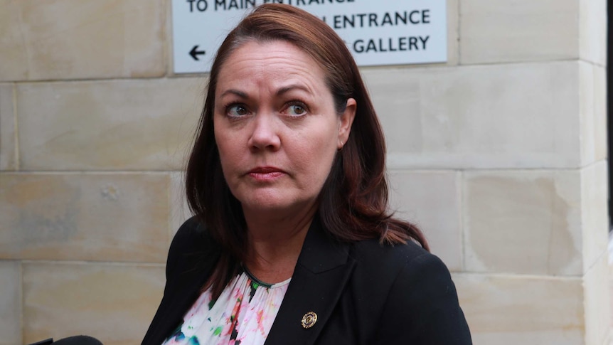 Liza Harvey stands in front of a sing outside WA Parliament looking up to her left.