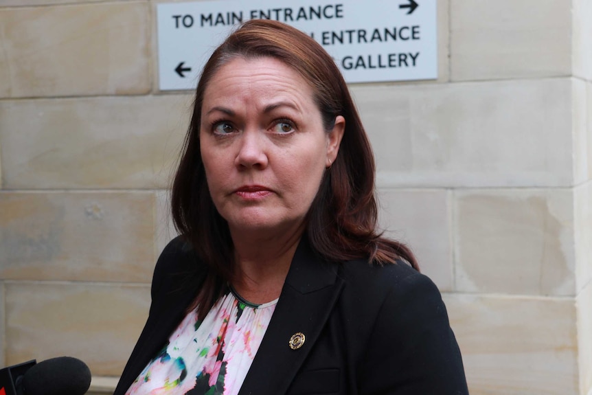 Liza Harvey stands in front of a sing outside WA Parliament looking up to her left.