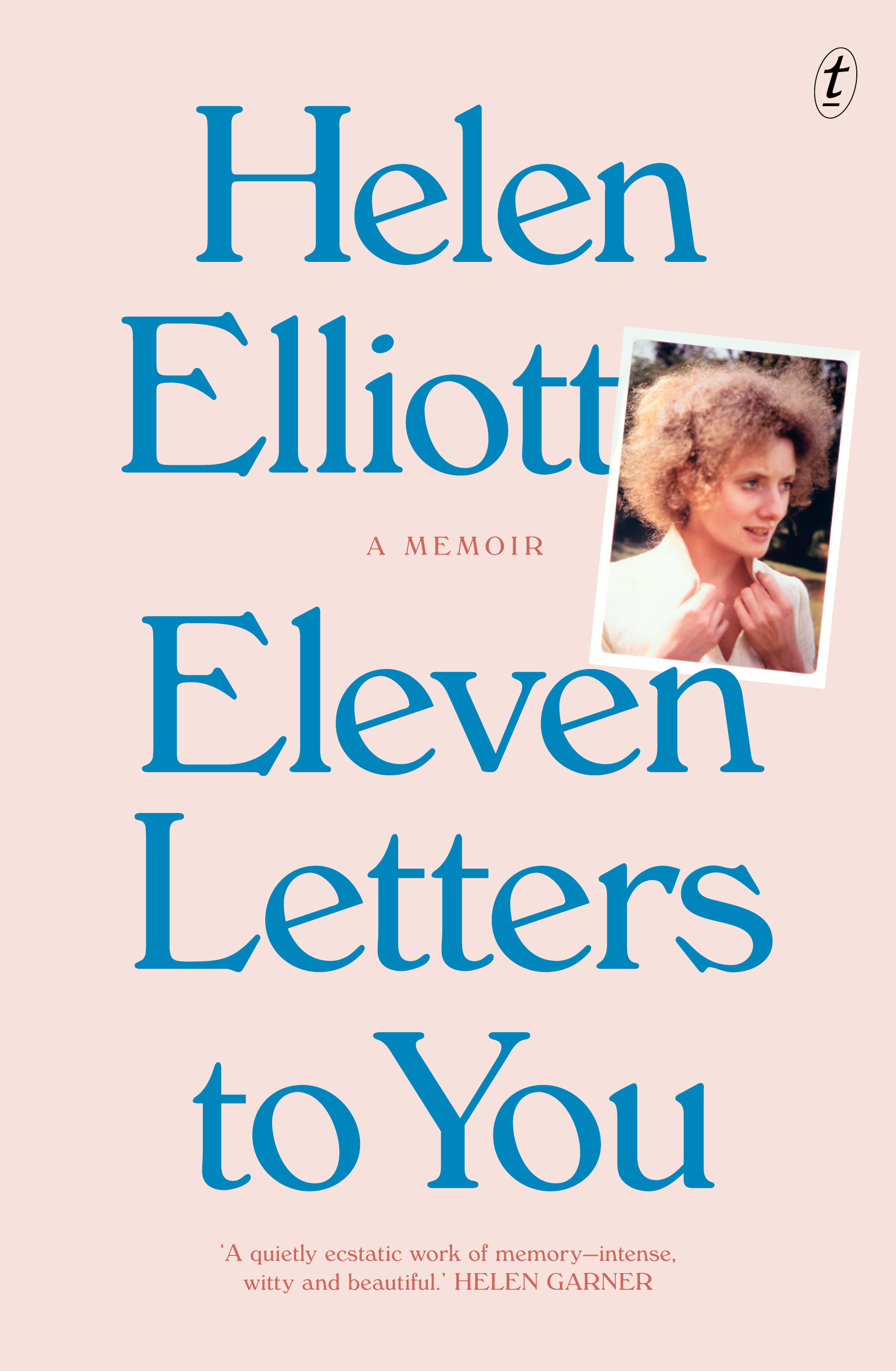 A book cover with a peach background, blue text, and a small photograph of a young white woman