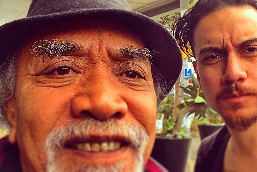 Close-up photo of comedian James Nokise and his father.