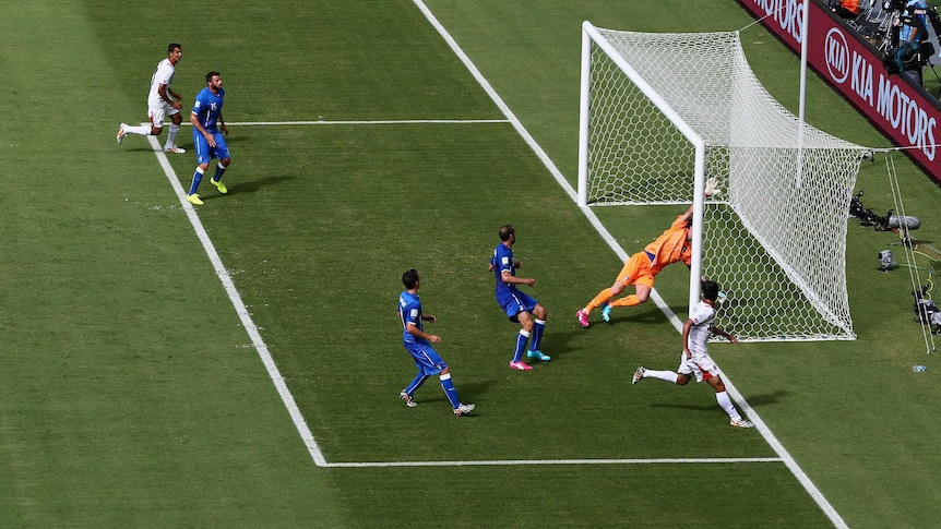 Bryan Ruiz scores the opening goal for Costa Rica against Italy at World Cup 2014.